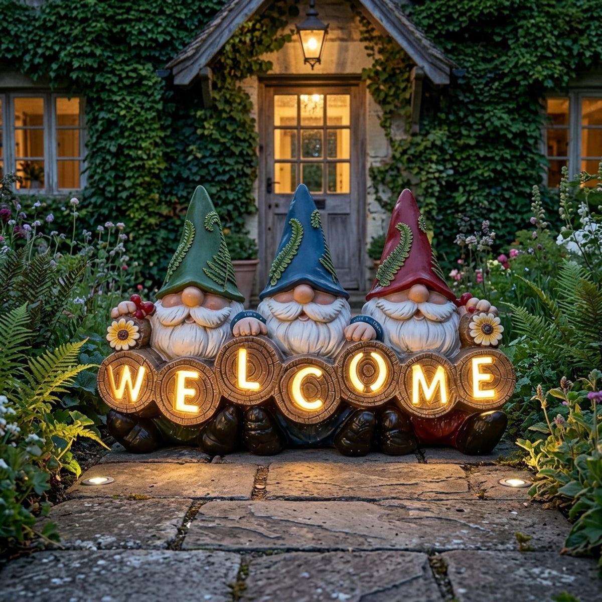 Lighted gnome welcome sign placed at a cottage garden entrance