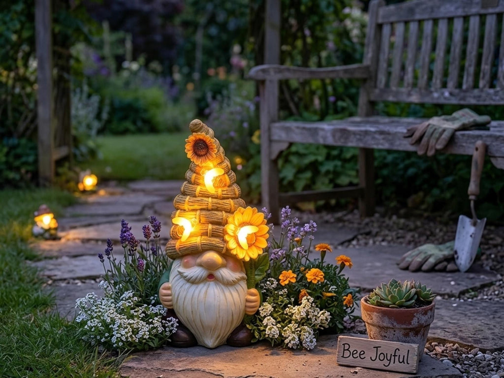 Light-up beehive gnome displayed near a wooden garden bench