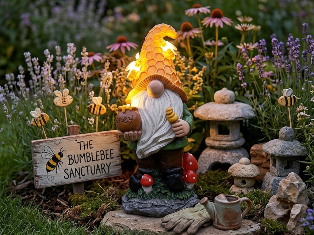 Solar bee gnome with glowing honeycomb hat beside a sanctuary sign