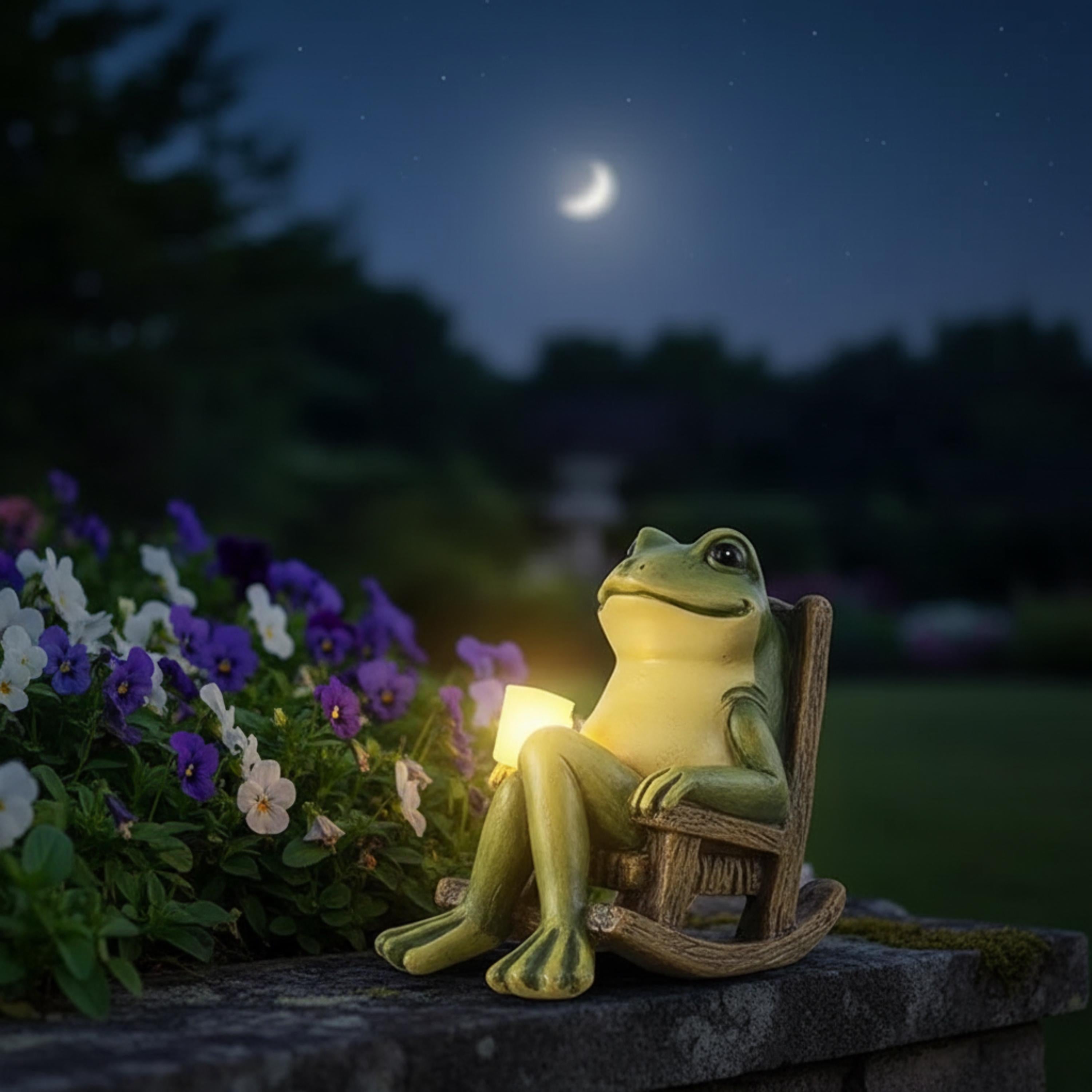 Solar frog statue with lantern glowing beside flowers under moonlight