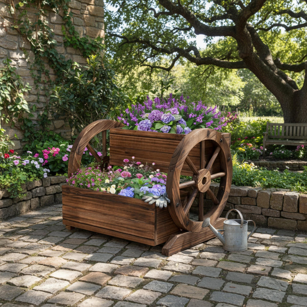 Tiered rustic wagon planter filled with flowers in a cottage garden