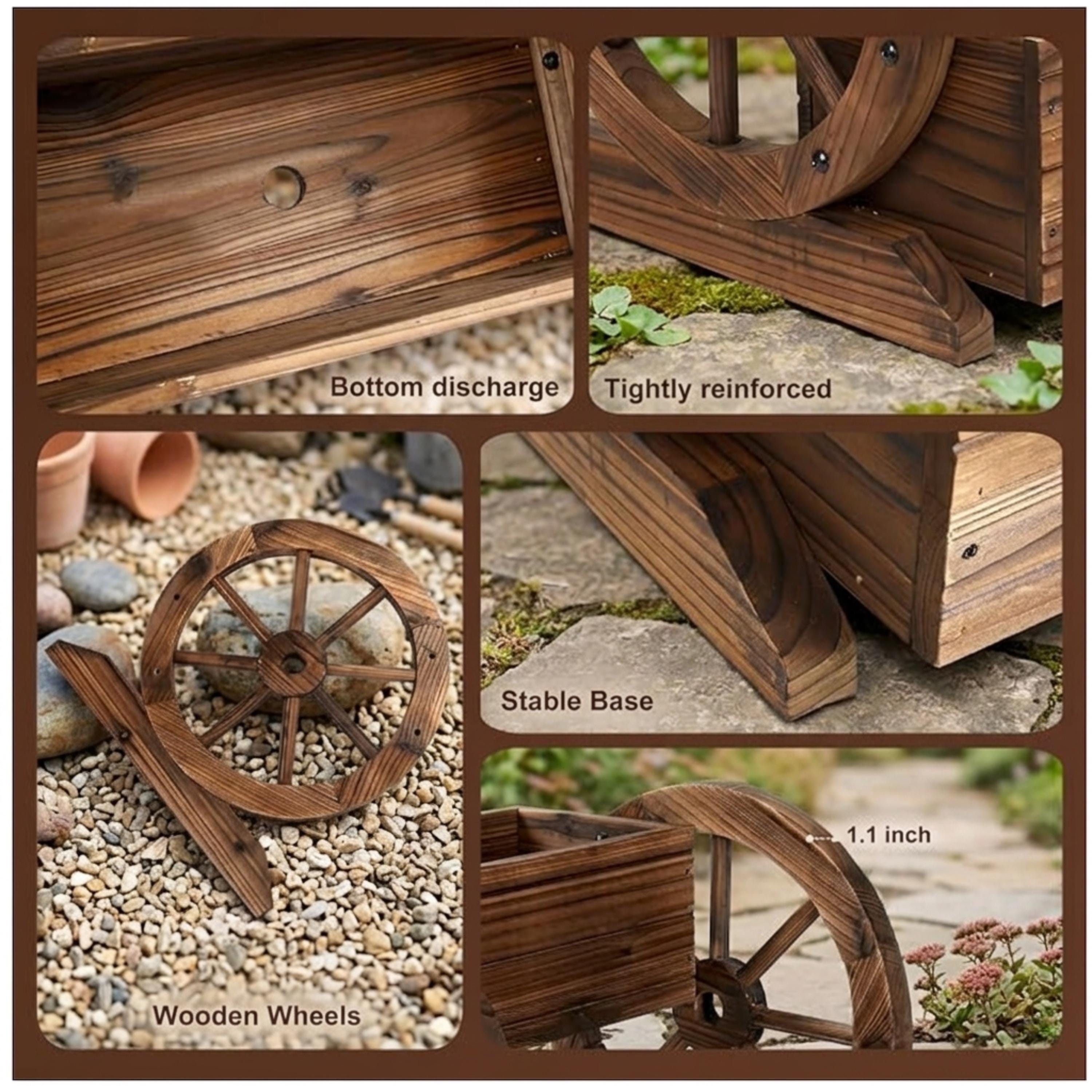 Cedar wagon planter details showing drainage, wooden wheels and reinforced base