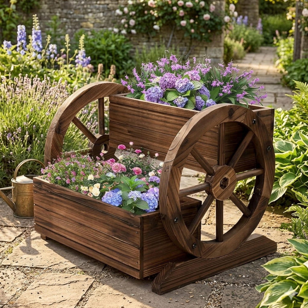 Rustic cedar wagon planter filled with pink and purple garden flowers
