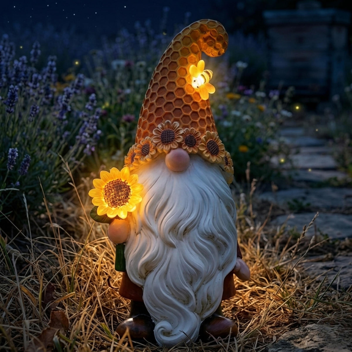 Solar sunflower gnome glowing among lavender after dark