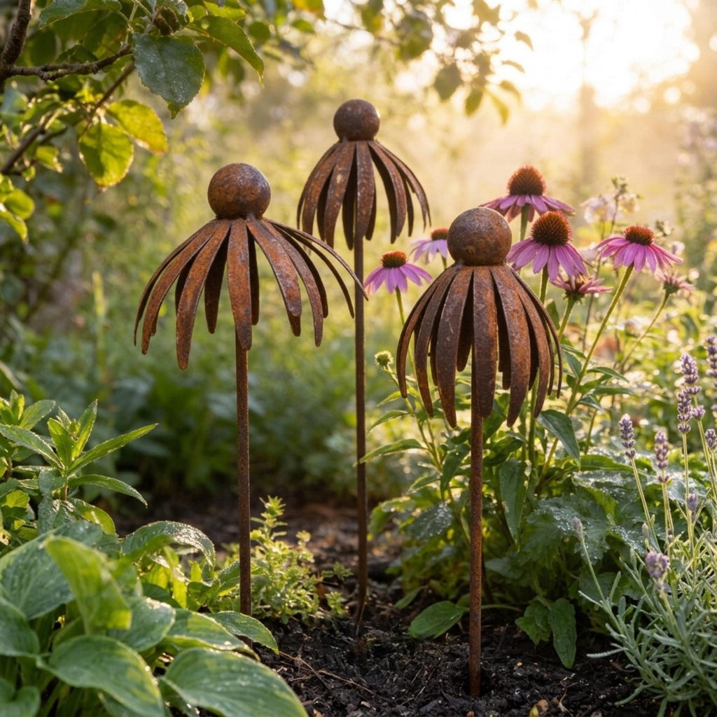 Four rust-finish metal flower stakes among purple coneflowers