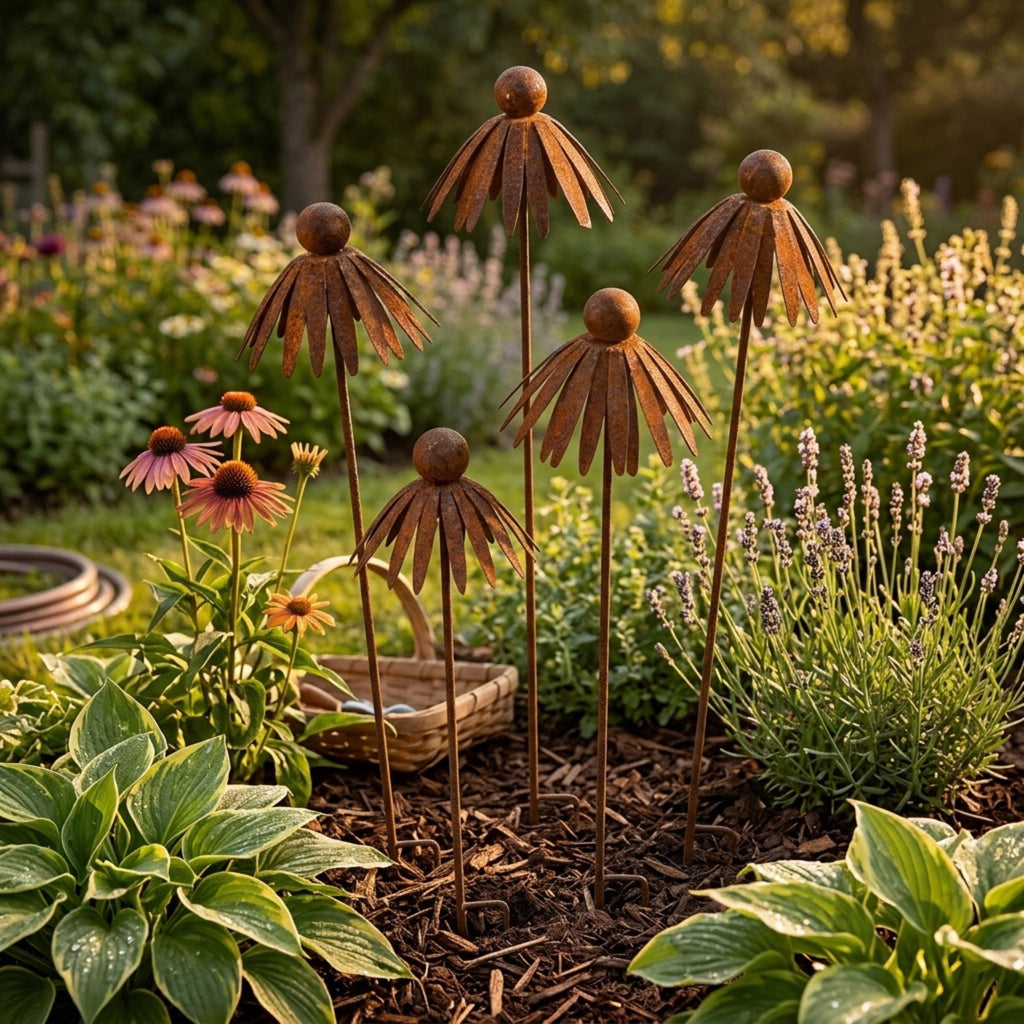 Four rusted metal flower stakes grouped with hostas and lavender
