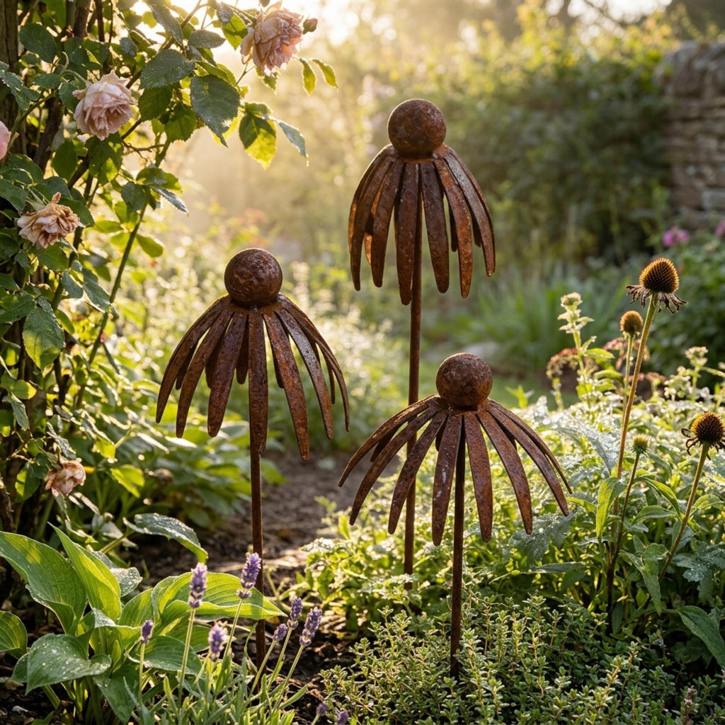 Three tall metal coneflower garden sculptures beneath climbing roses