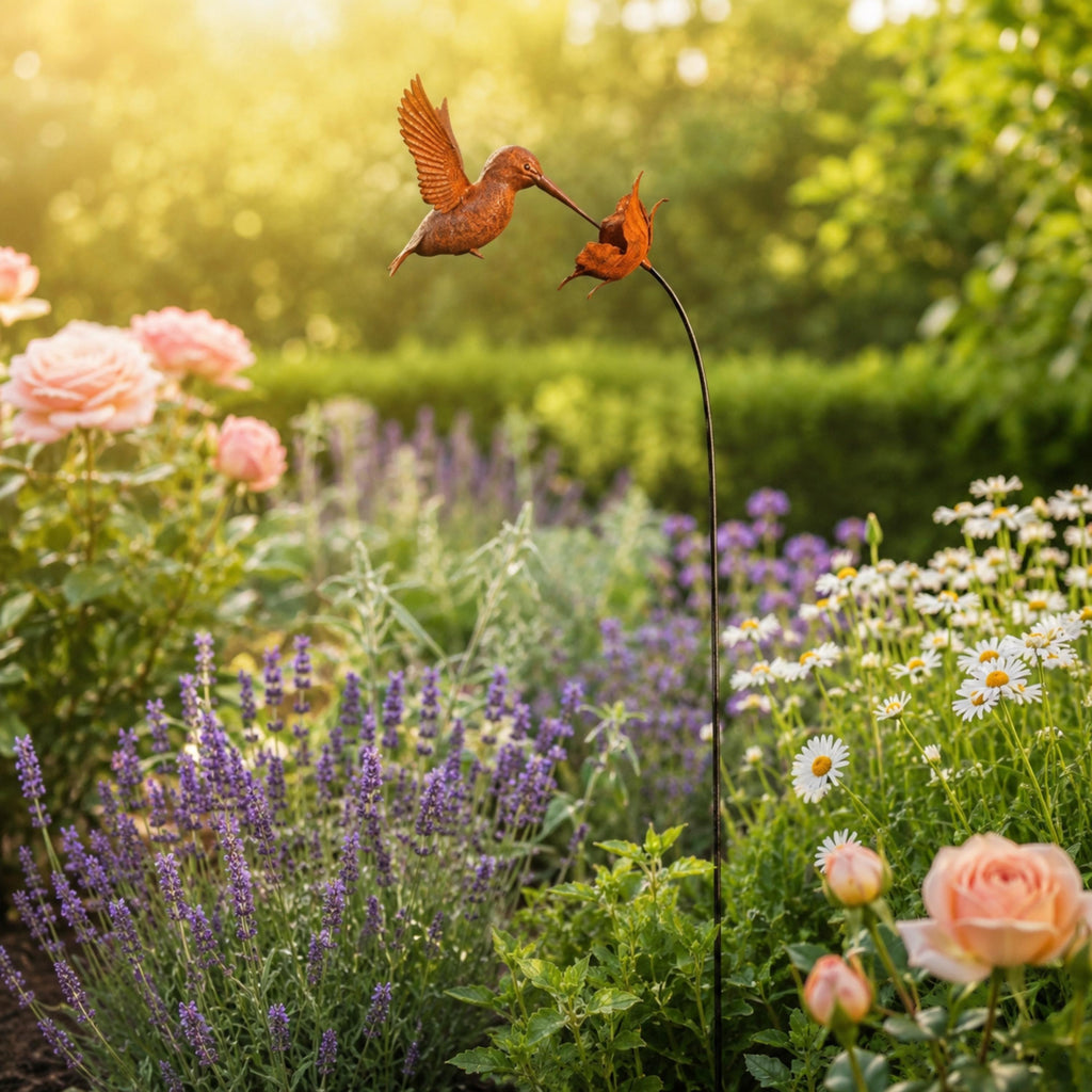 Tall hummingbird garden stake rising above lavender and roses