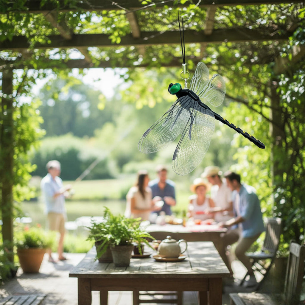 Hanging dragonfly garden charm displayed beneath an outdoor pergola