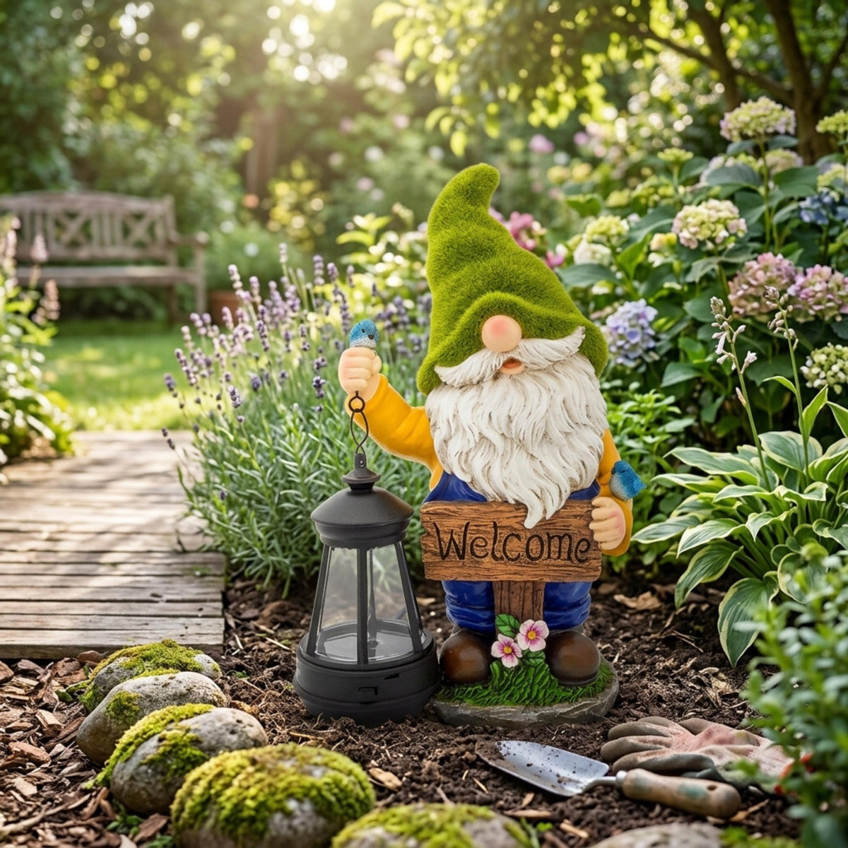 Garden gnome with bluebirds welcome sign and solar lantern in daylight