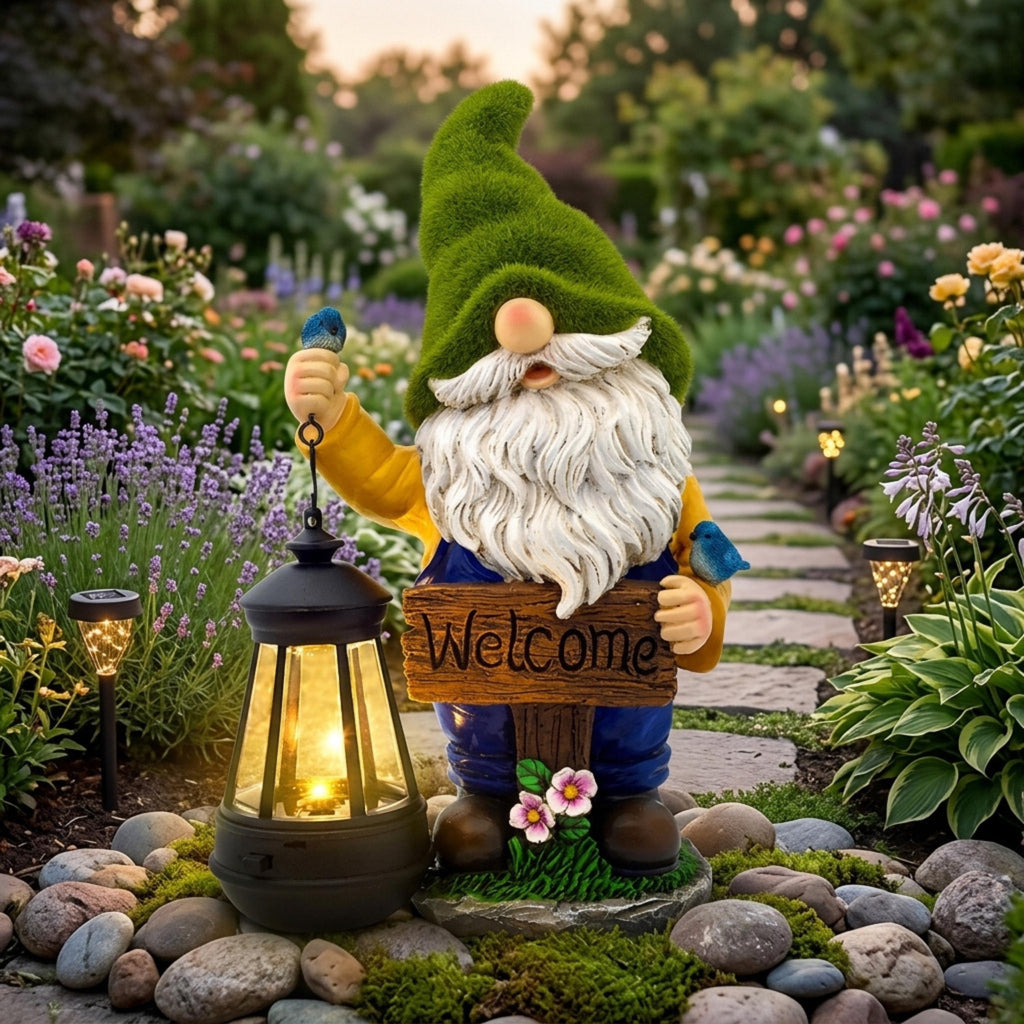 Solar welcome garden gnome holding a glowing lantern beside a flower path