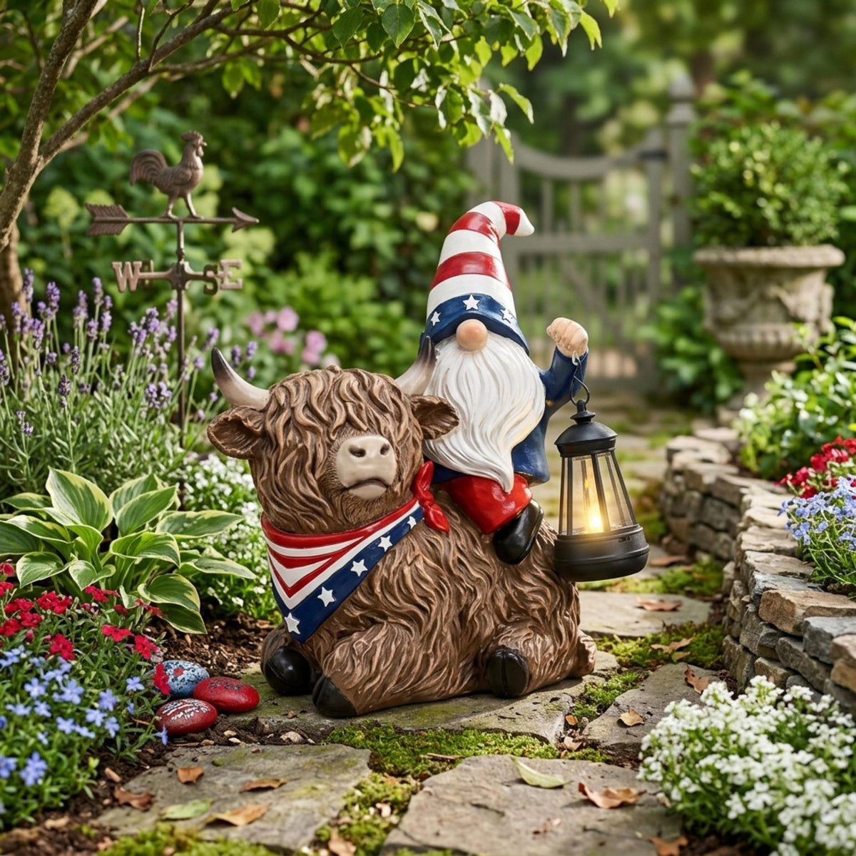 Solar gnome on Highland cow beside a cottage garden path