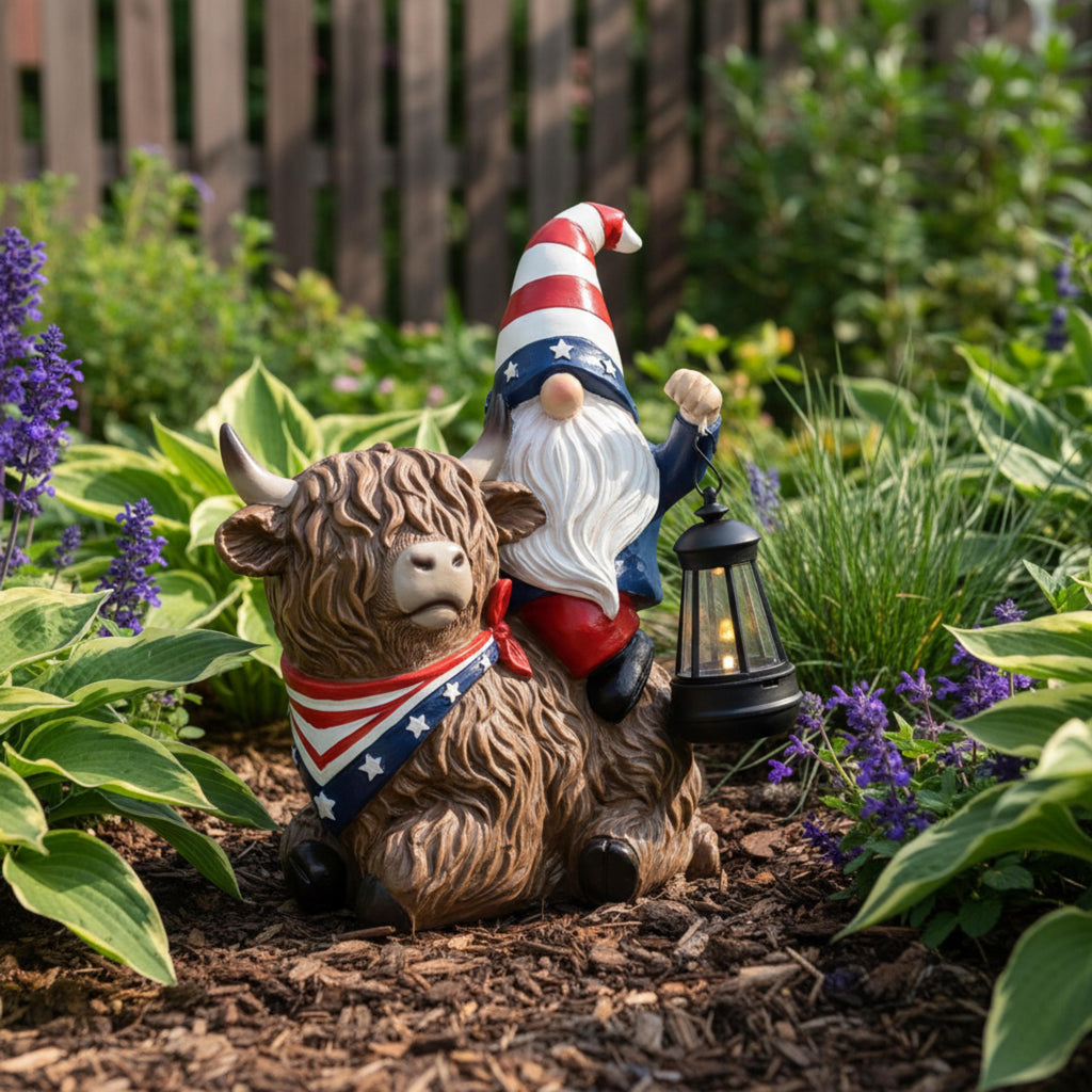 Highland cow with patriotic gnome displayed among hostas