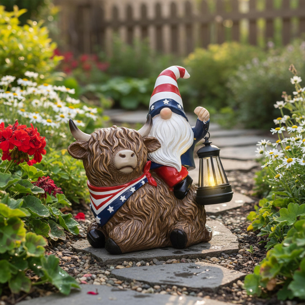 Patriotic Highland cow gnome statue centered on a garden walkway