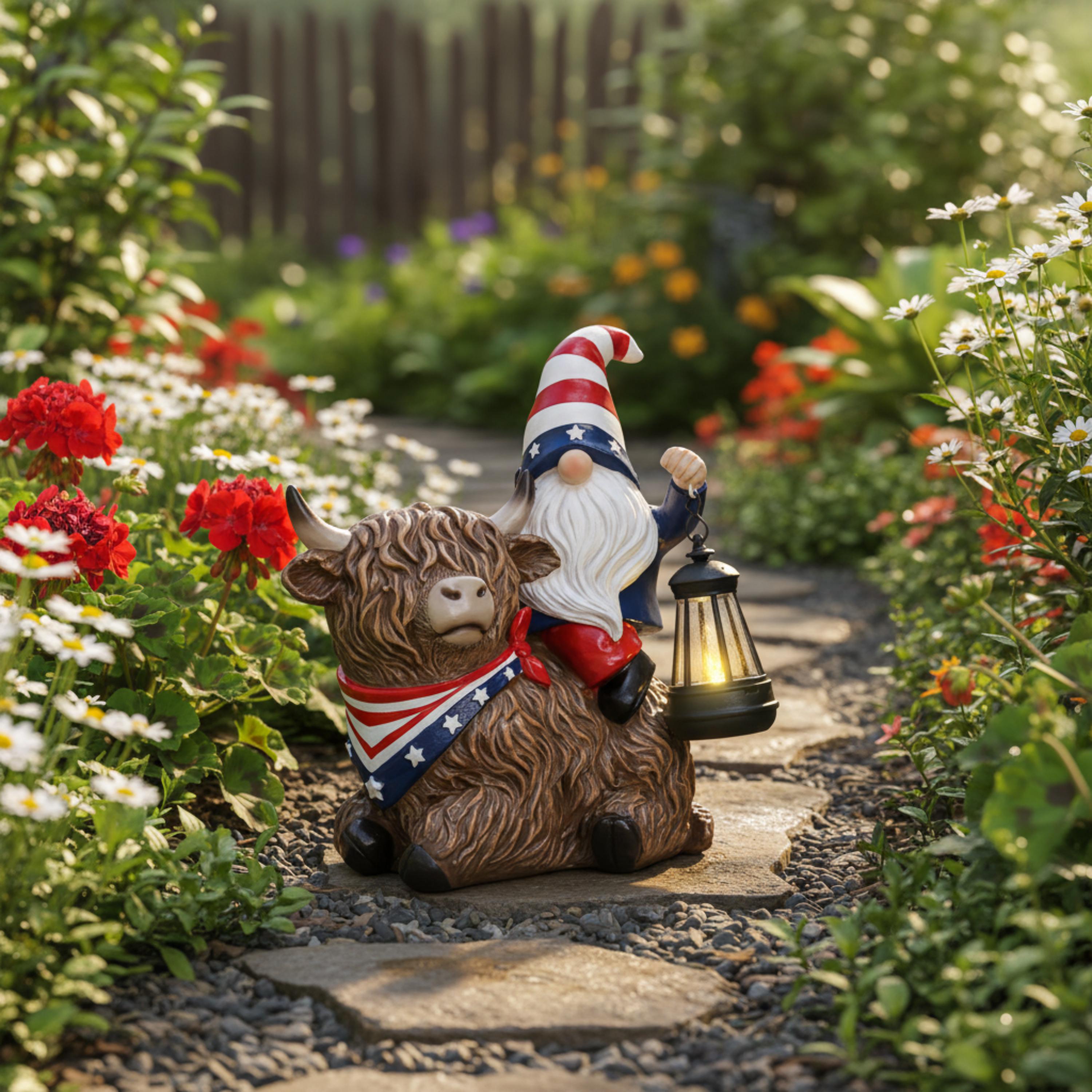 Solar gnome and Highland cow lighting a stone flower path