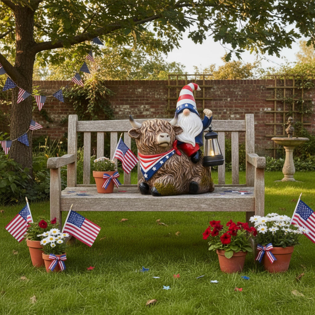 Patriotic garden statue staged on a bench with American flags