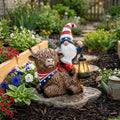 Patriotic solar gnome riding a Highland cow with glowing lantern