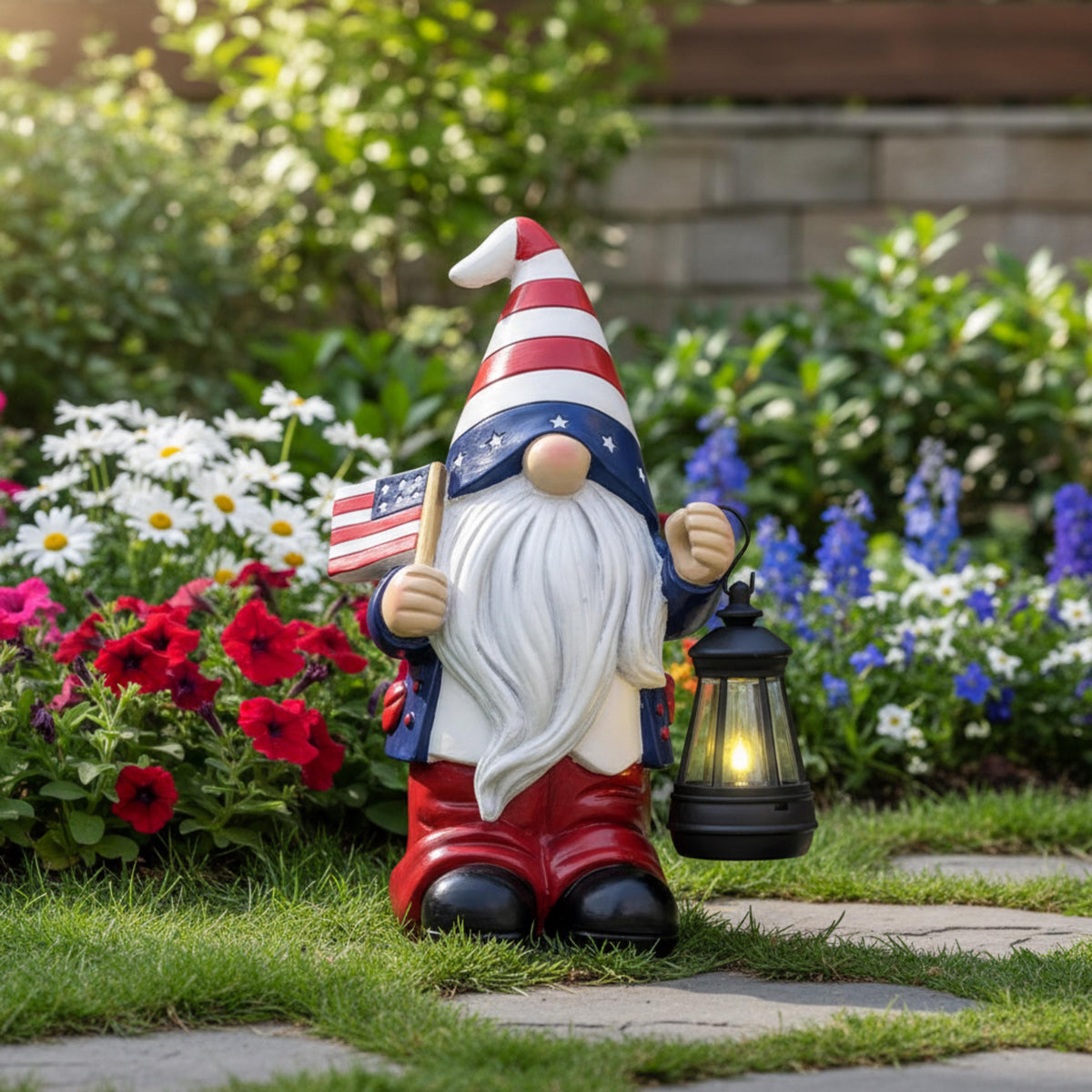 Patriotic gnome holding a glowing lantern beside a garden walkway