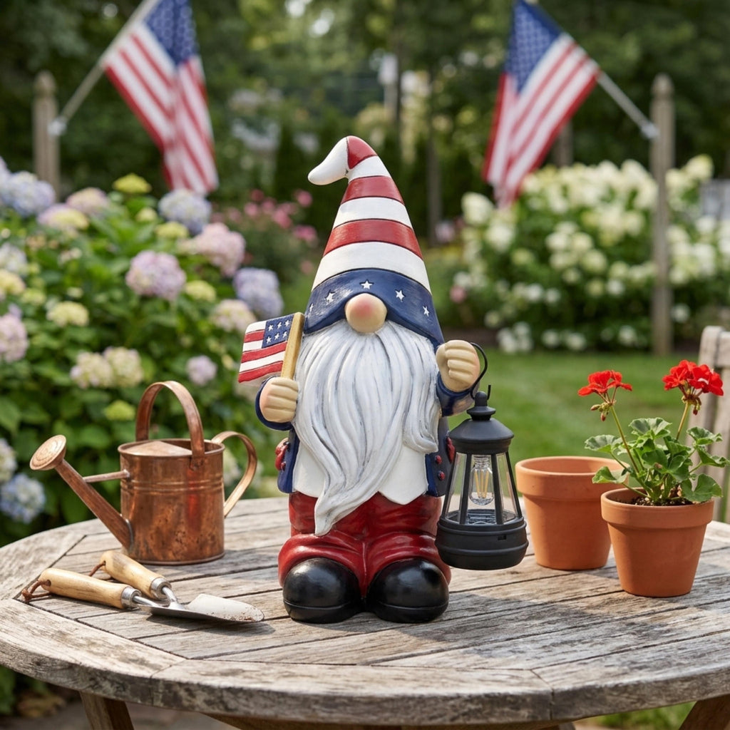 Patriotic solar garden gnome with American flag and lantern on a table