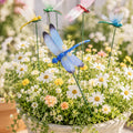 Colorful dragonfly garden stakes flying above white daisies
