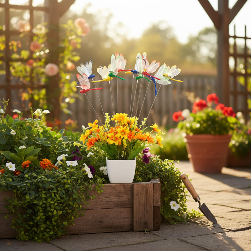 Colorful dragonfly stakes decorating patio planters in evening light