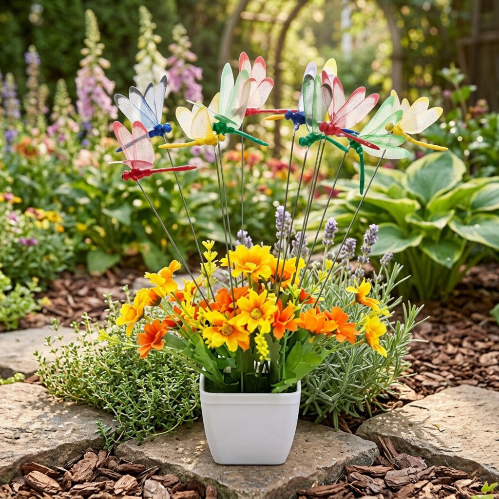 Colorful dragonfly plant stakes displayed in a white flower pot