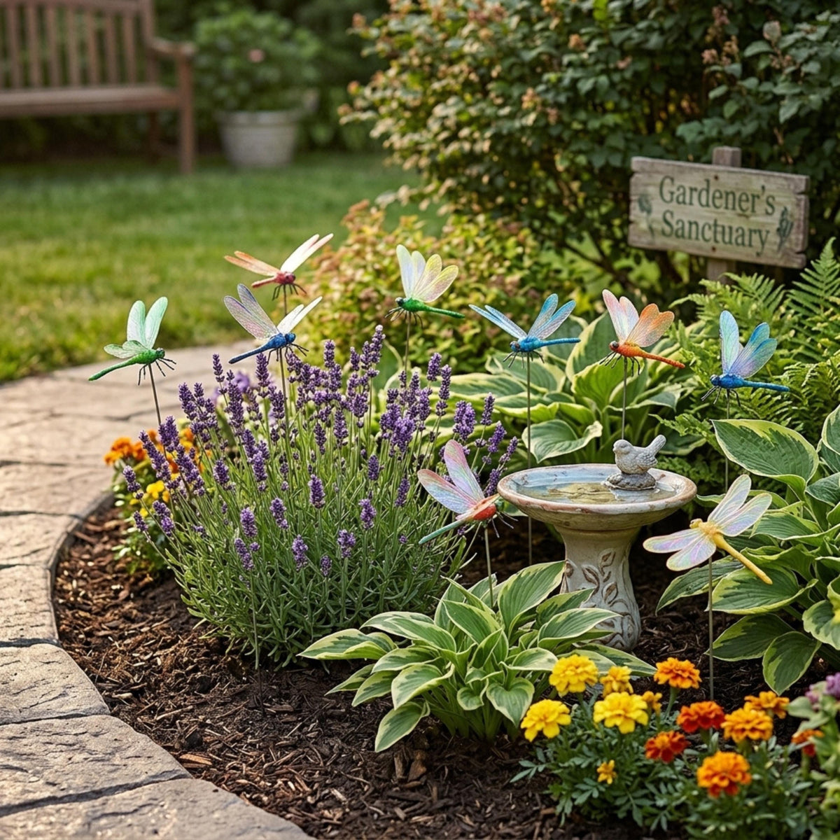 Assorted dragonfly ornaments above lavender and hostas