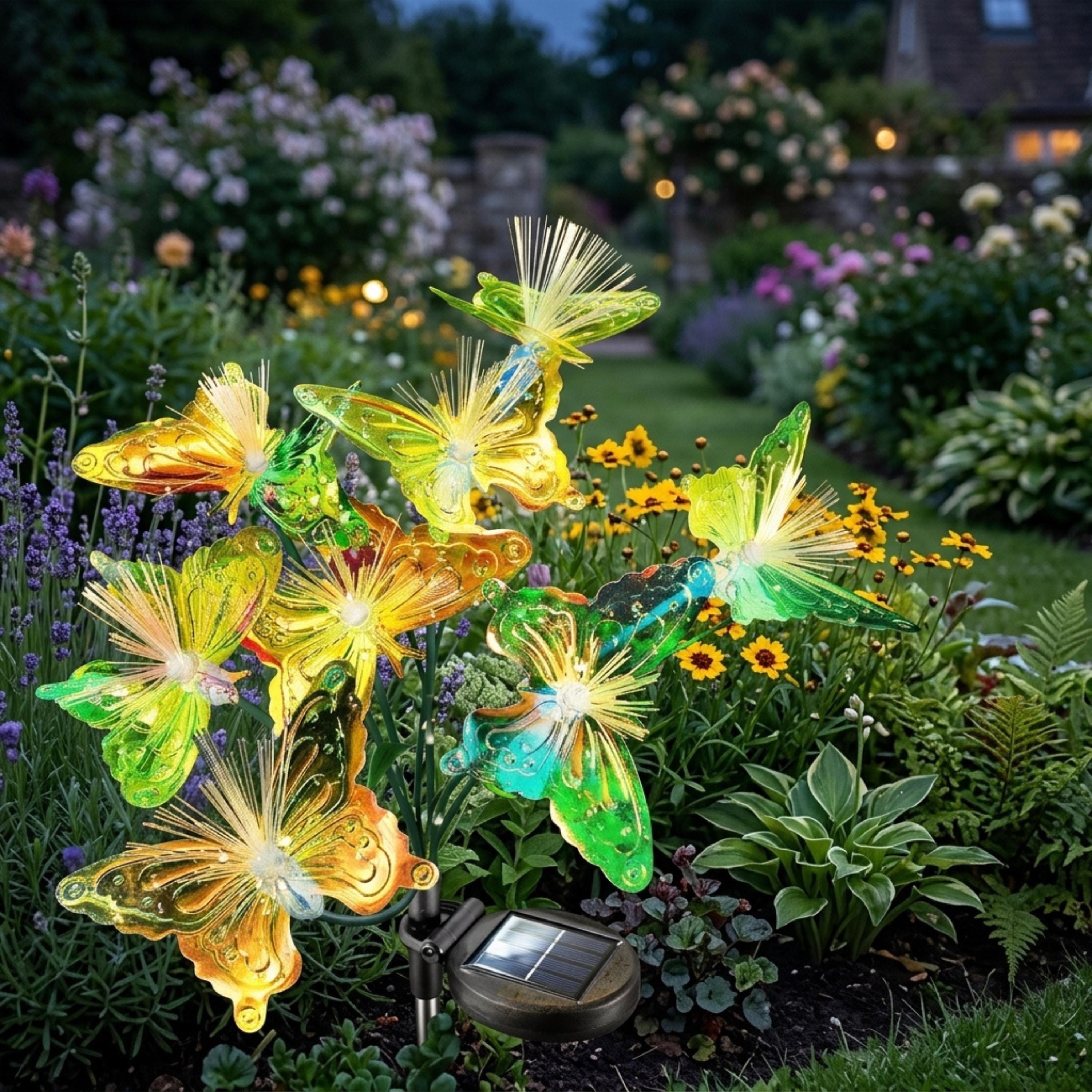 Close view of multicolor fiber optic butterfly solar garden lights