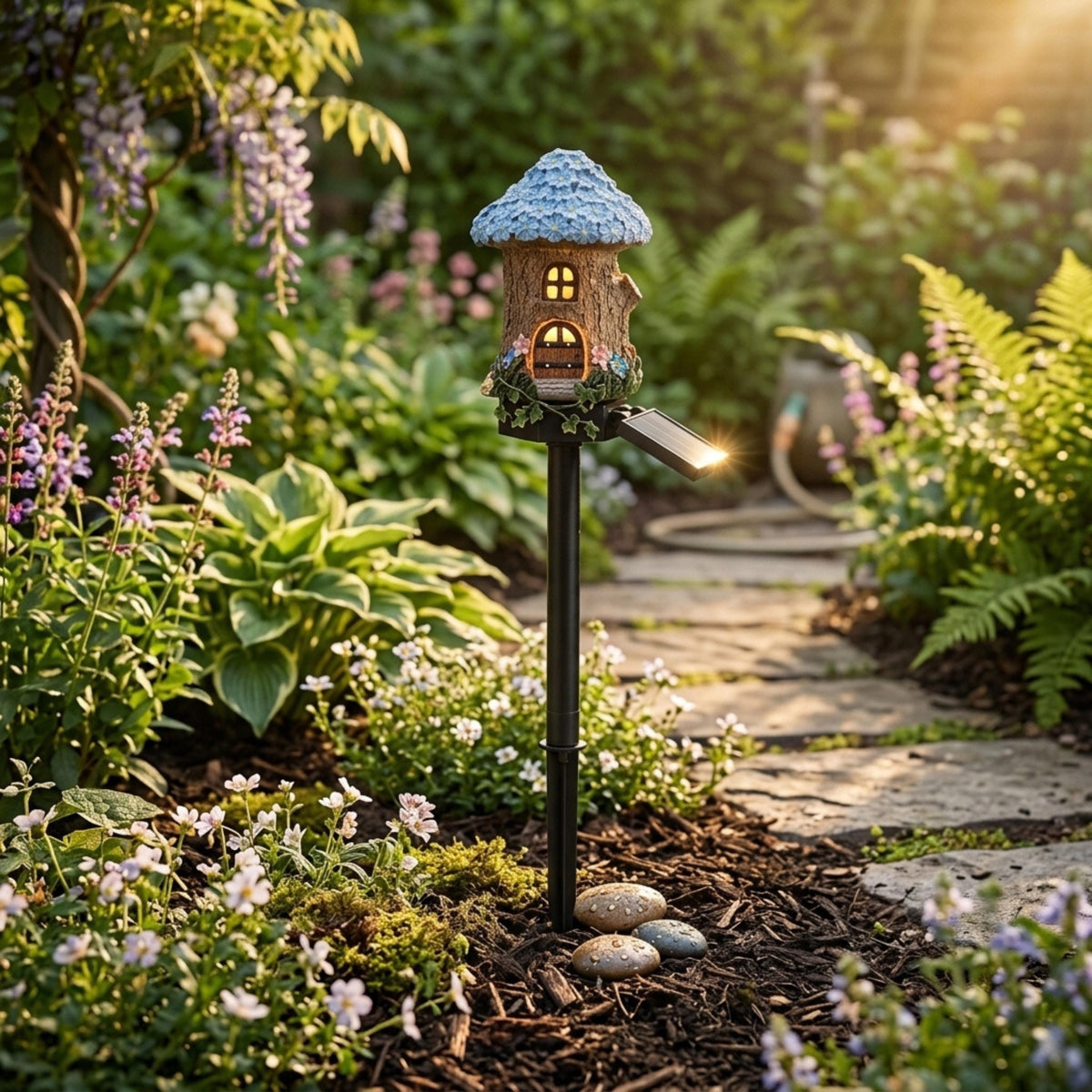 Blue flower-roof solar fairy house light glowing beside a path