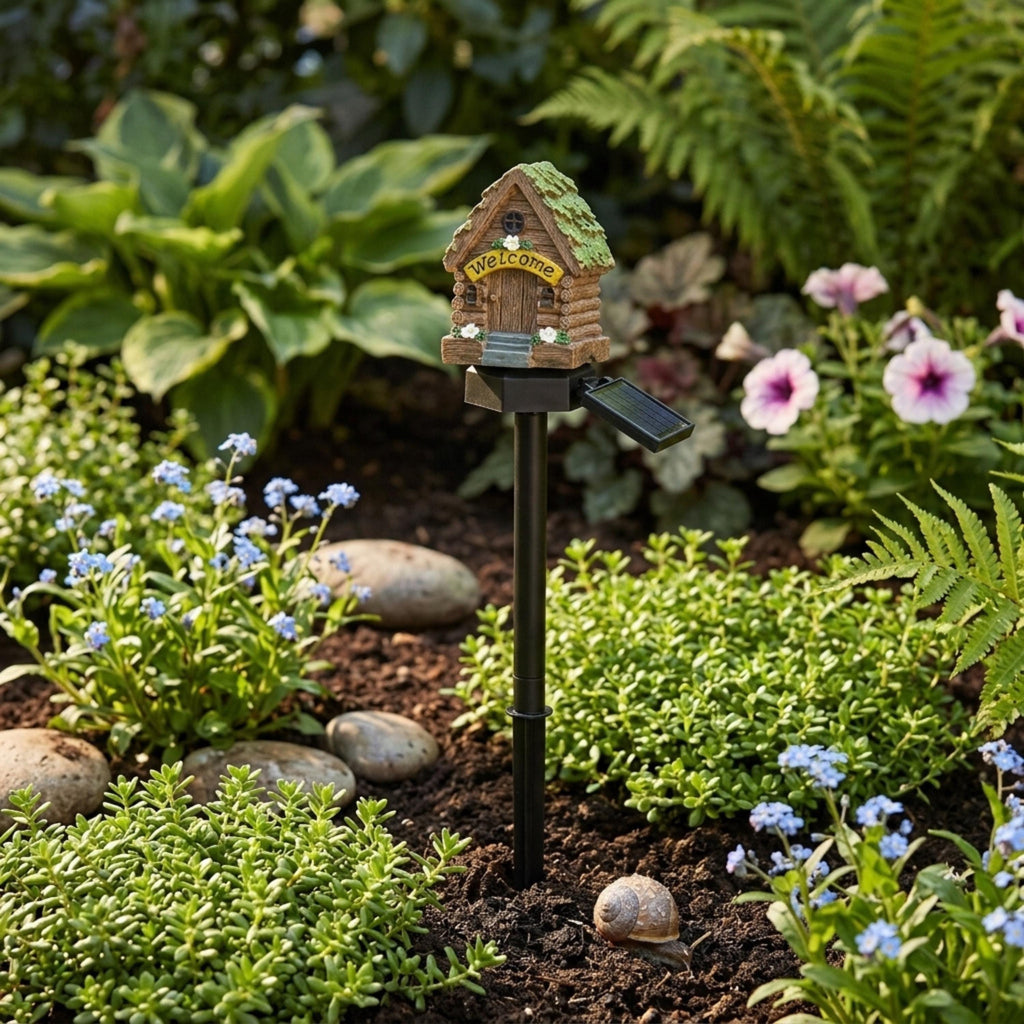 Welcome cottage solar stake light in a green garden bed