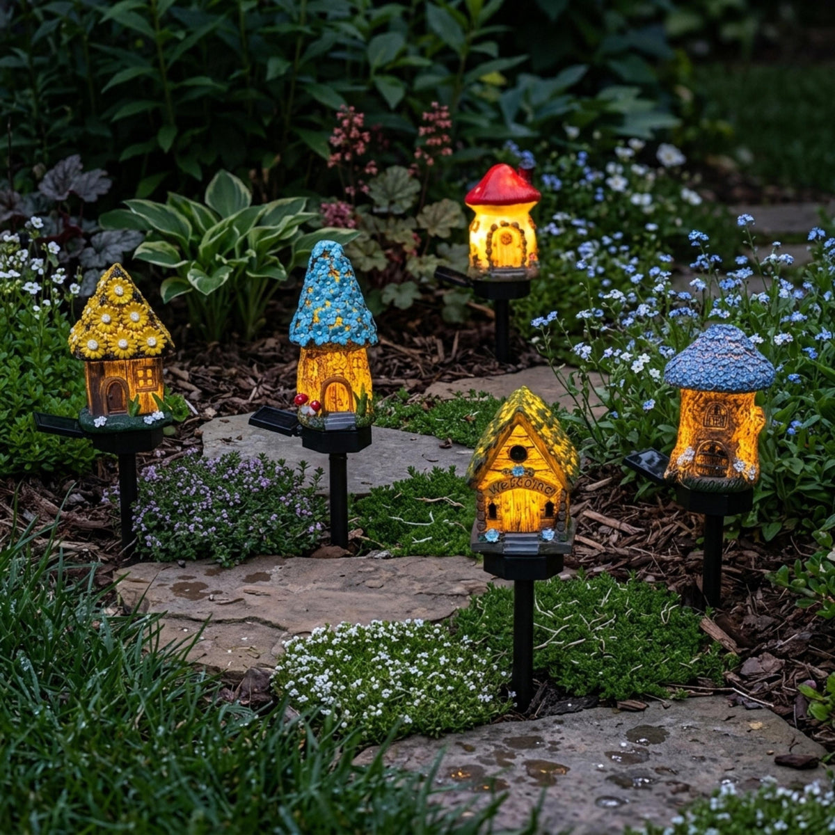 Four solar fairy house lights glowing around a stone garden path