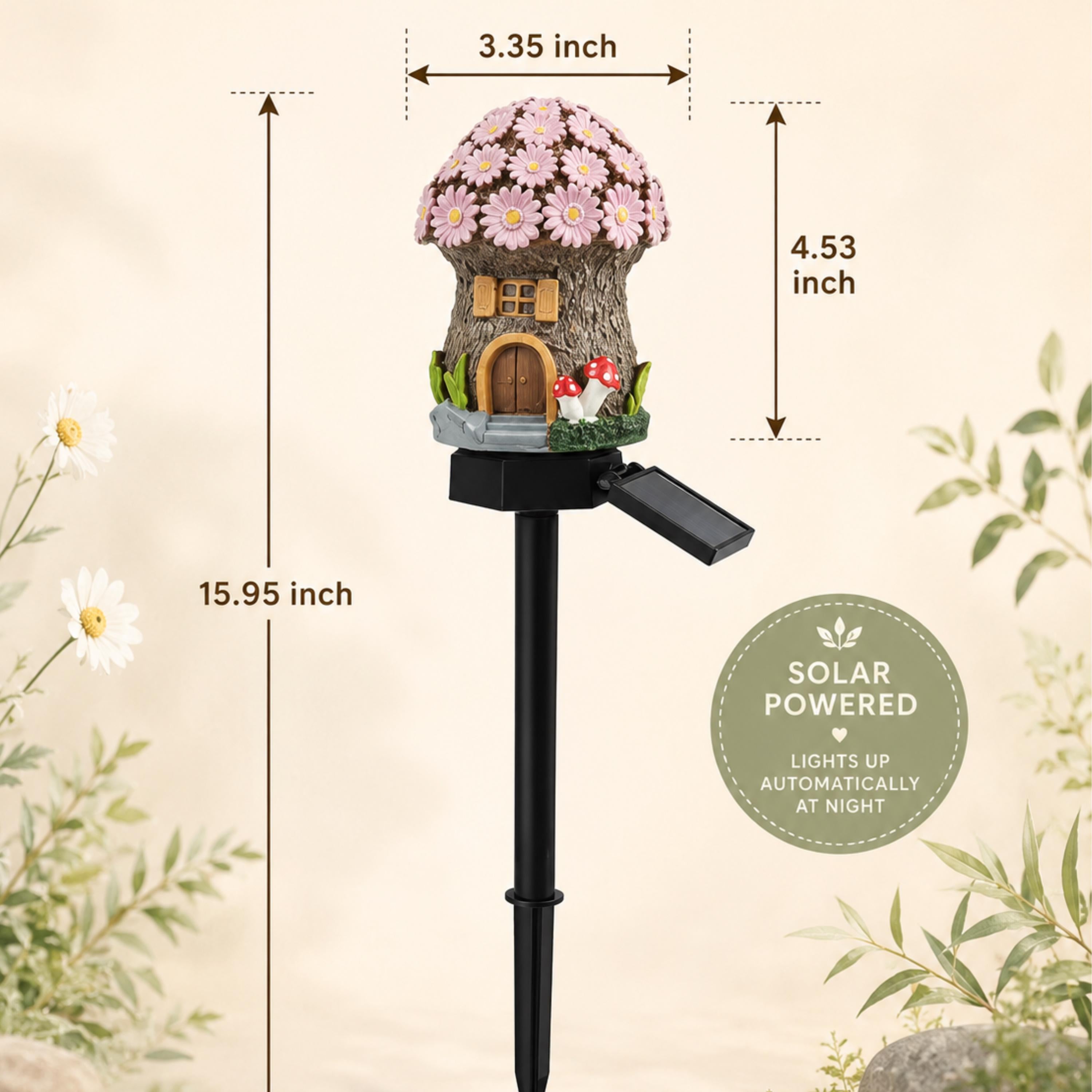 Pink flower-roof solar fairy house light size guide