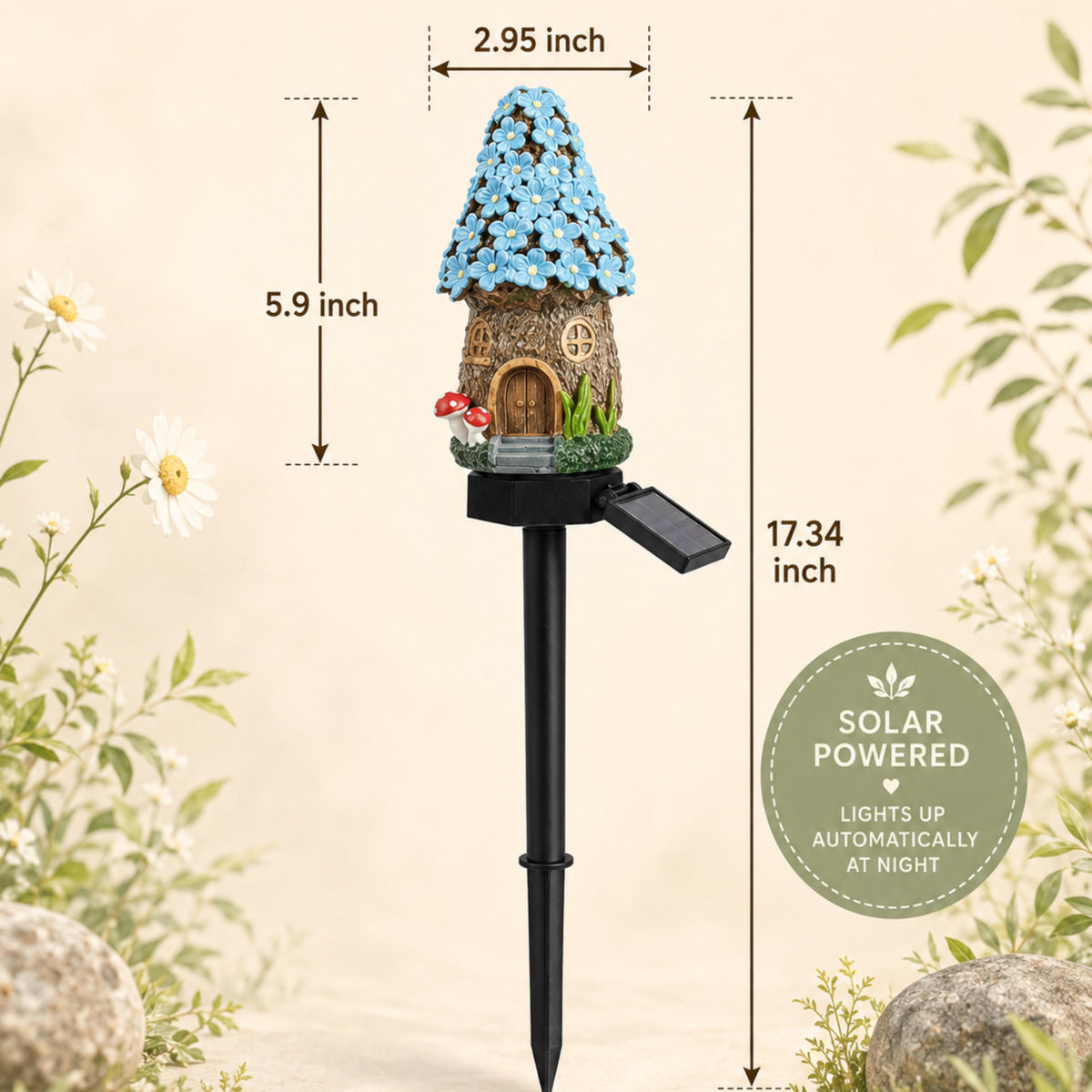 Blue flower-roof solar fairy house light size guide