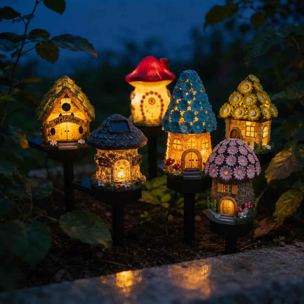 Six solar fairy house stake light styles glowing together at night