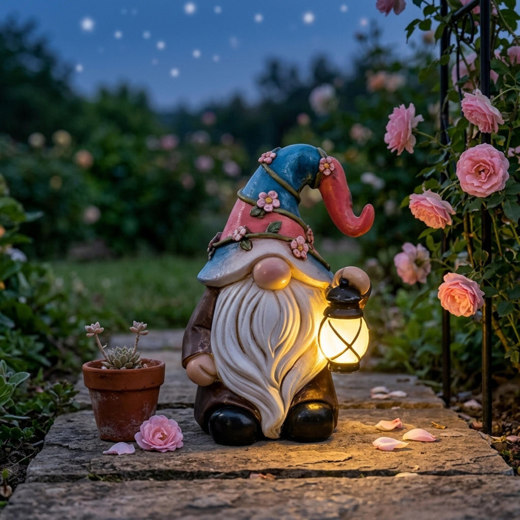 Mini lantern gnome glowing among roses in an evening garden