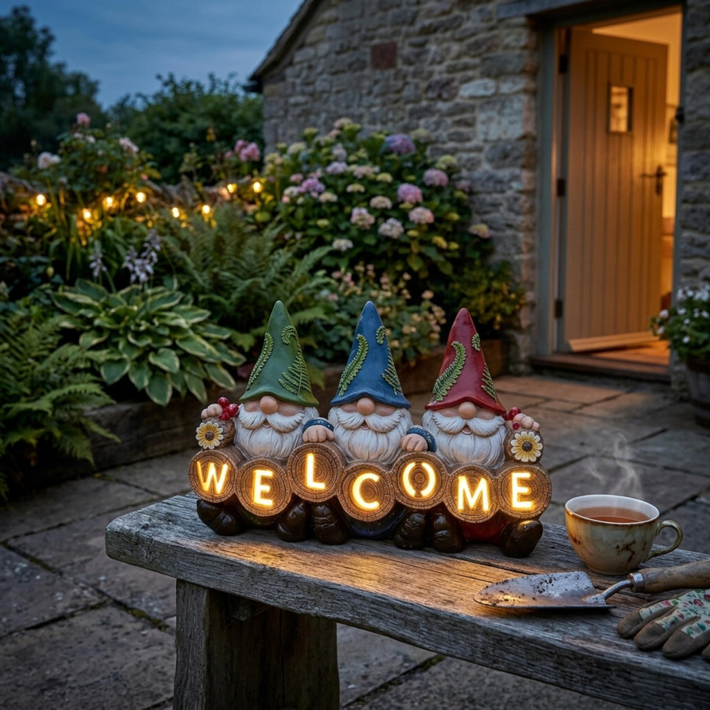 Solar gnome welcome sign glowing on a garden bench at dusk