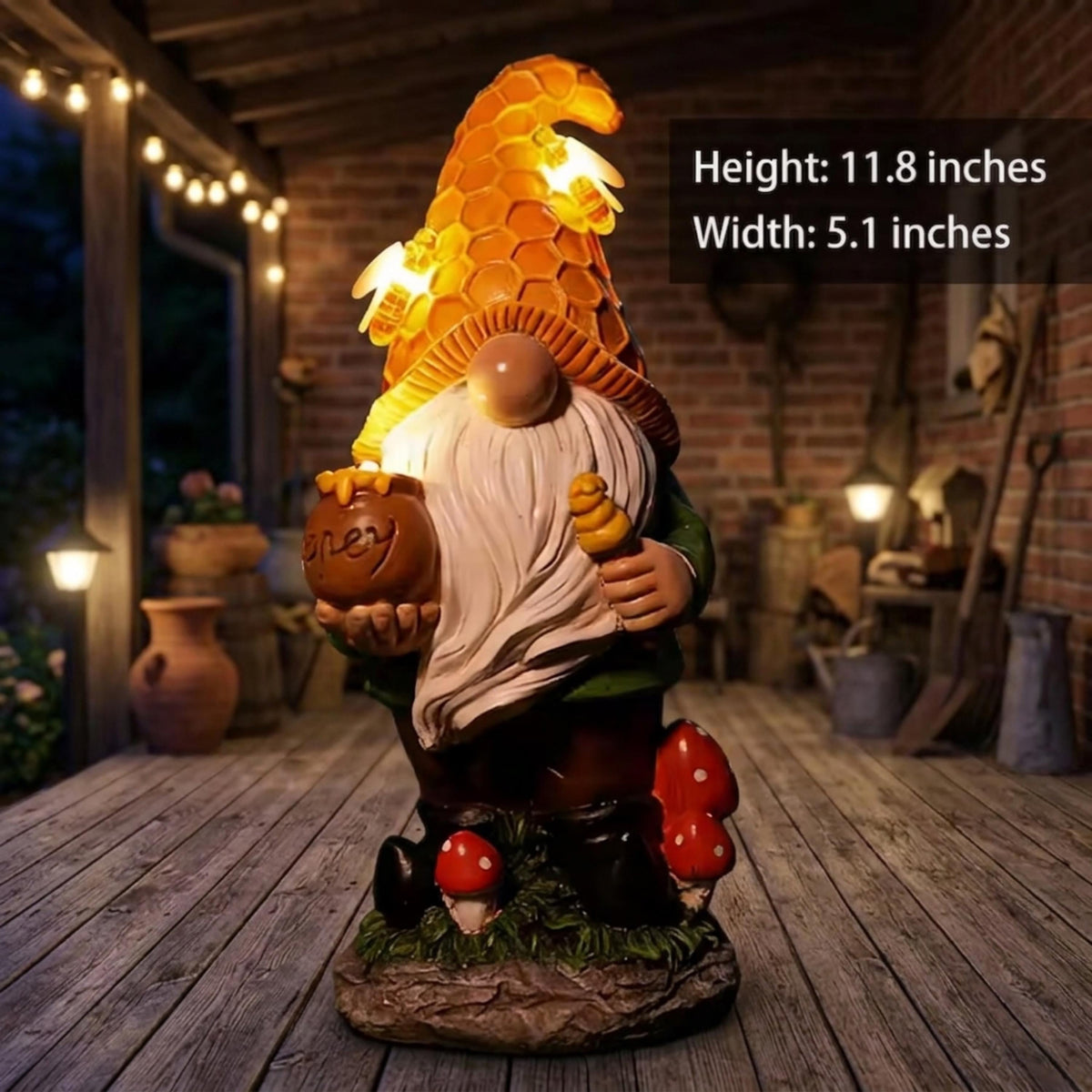 Light-up beehive garden gnome with 11.8-inch size information