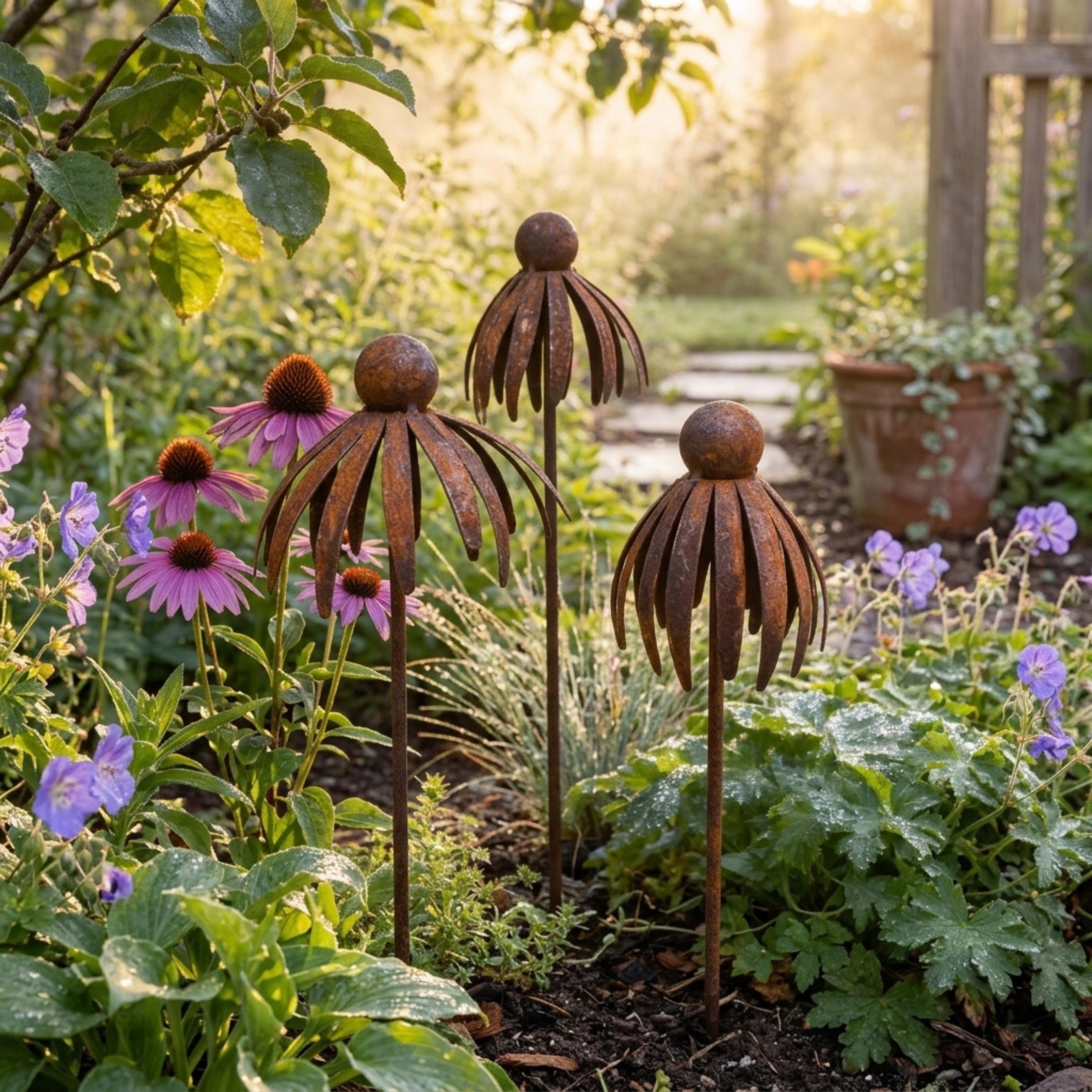 Four metal coneflower stakes among cottage garden blooms