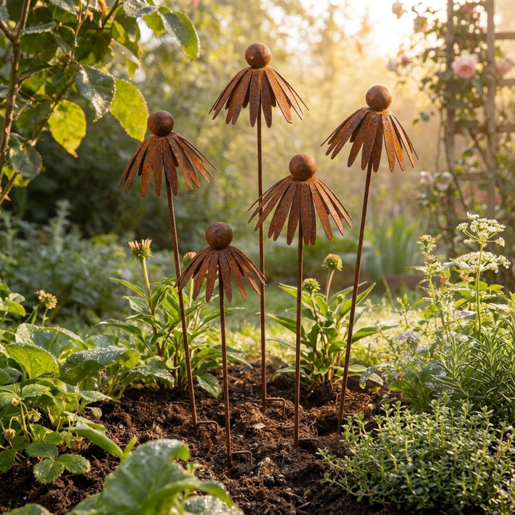 Four tall metal coneflower garden stakes in warm evening light
