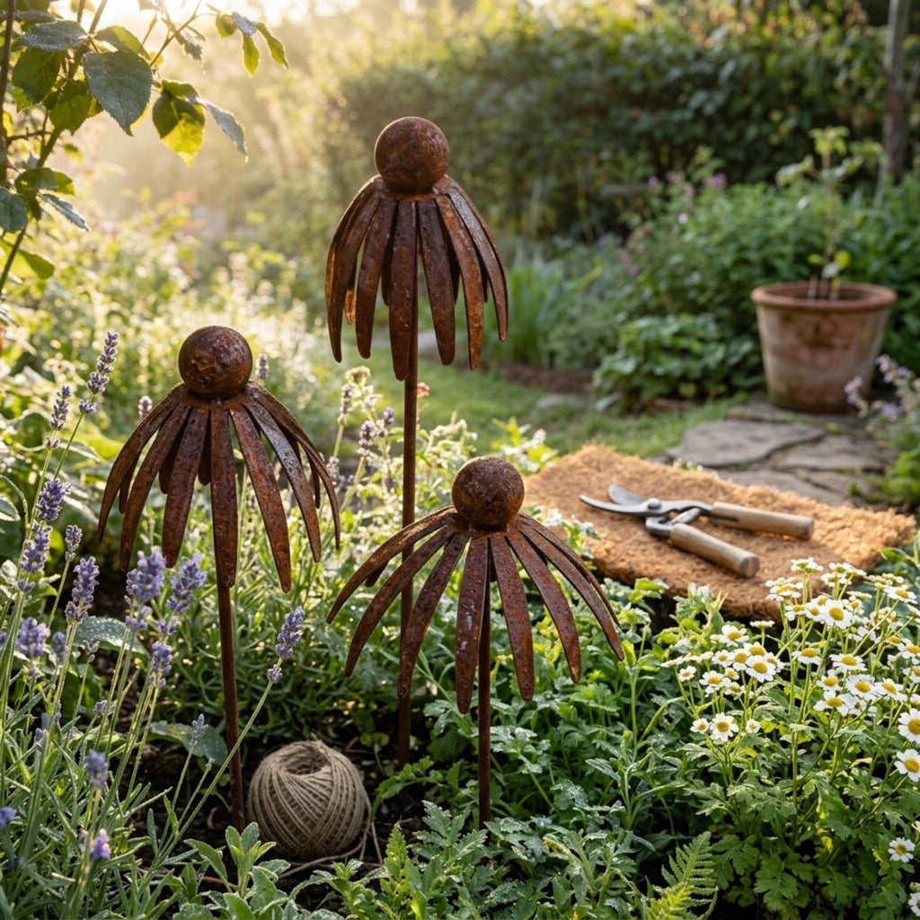 Three rustic metal flowers beside herbs and garden tools