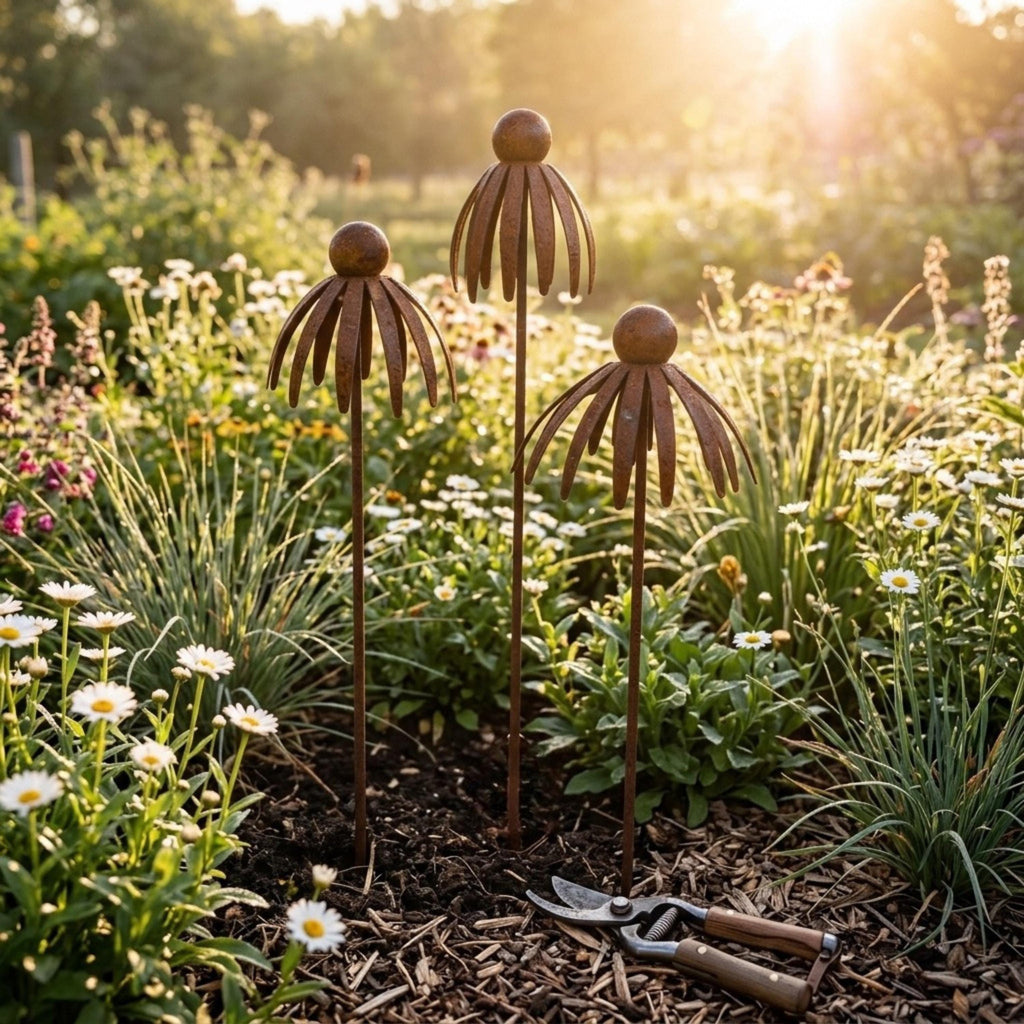 Three rustic metal coneflower stakes rising above a sunny garden bed