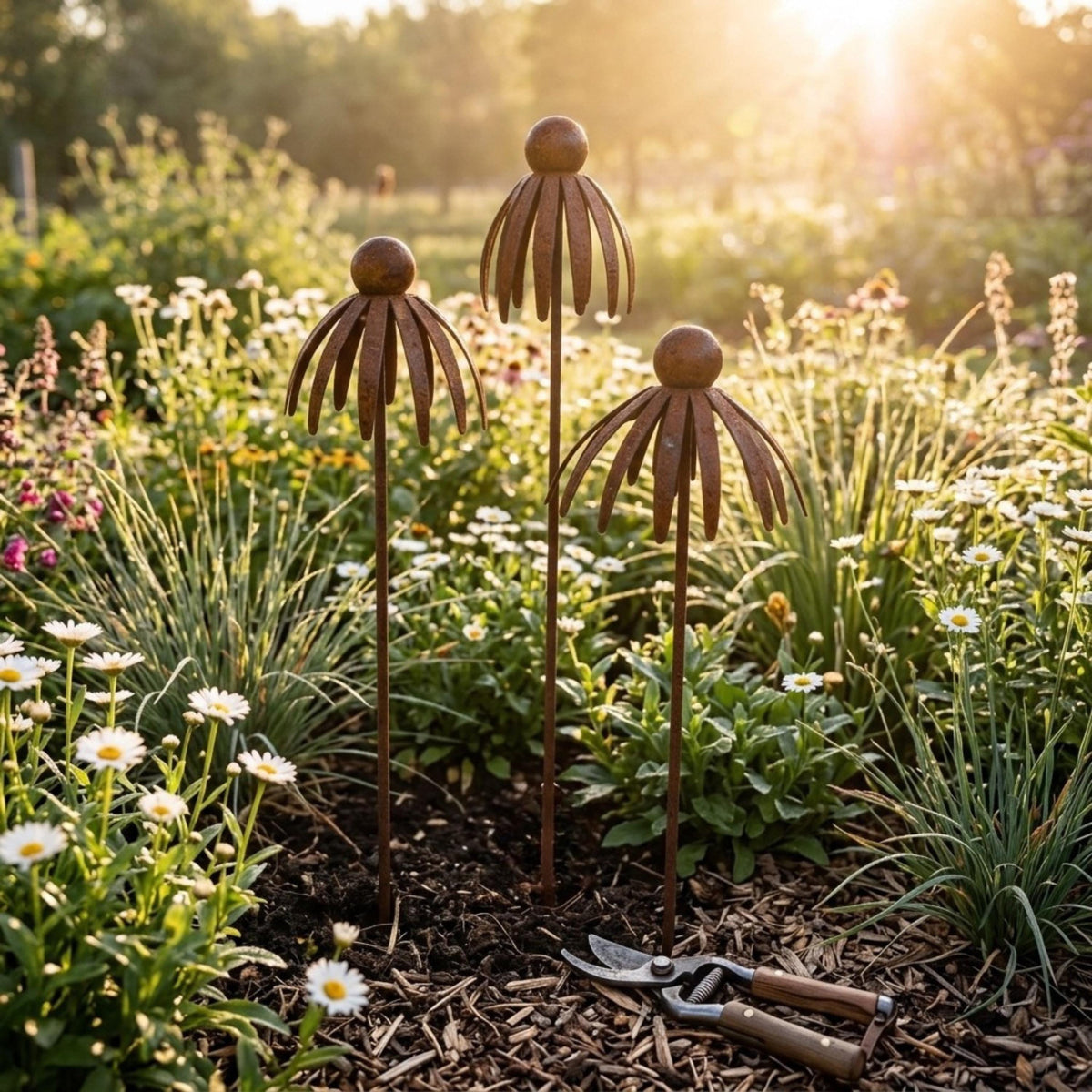 Three rustic metal coneflower stakes rising above a sunny garden bed