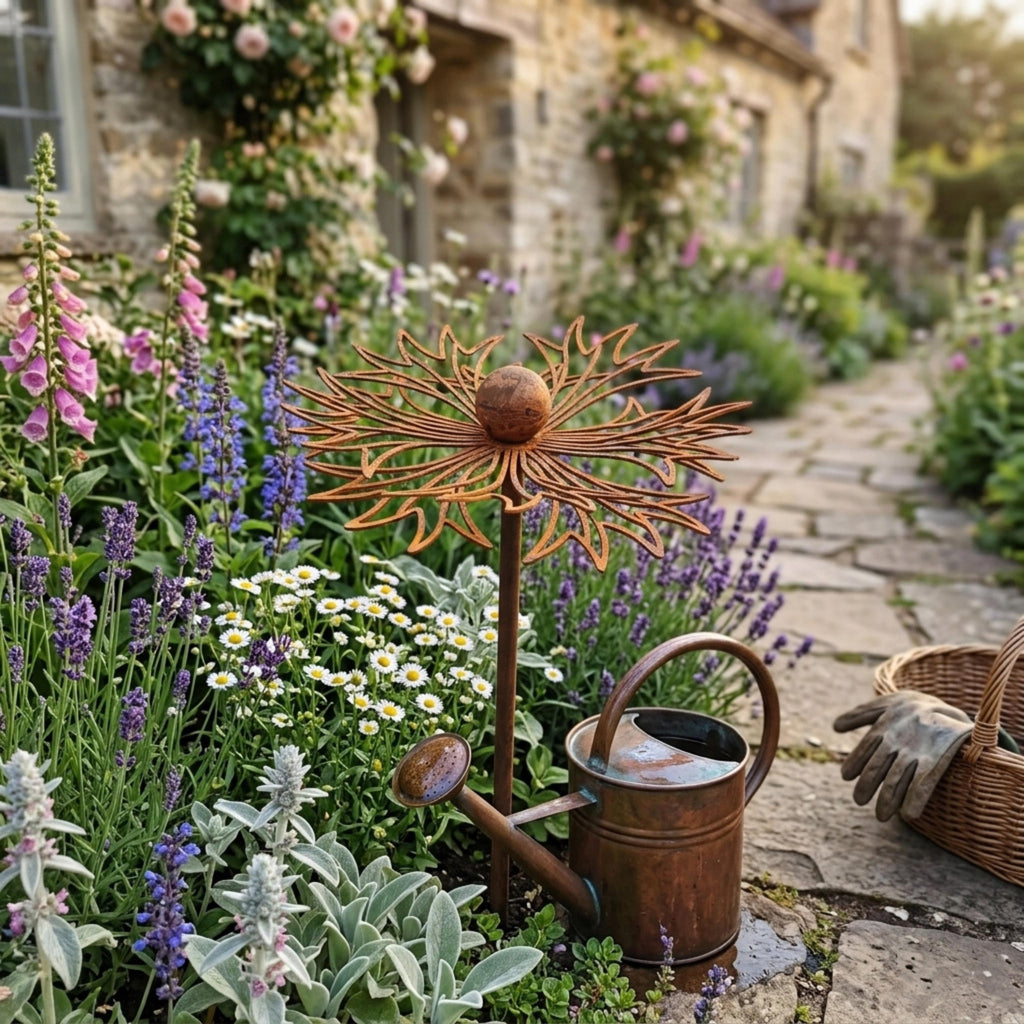 Rustic metal wildflower stake near lavender along a garden path
