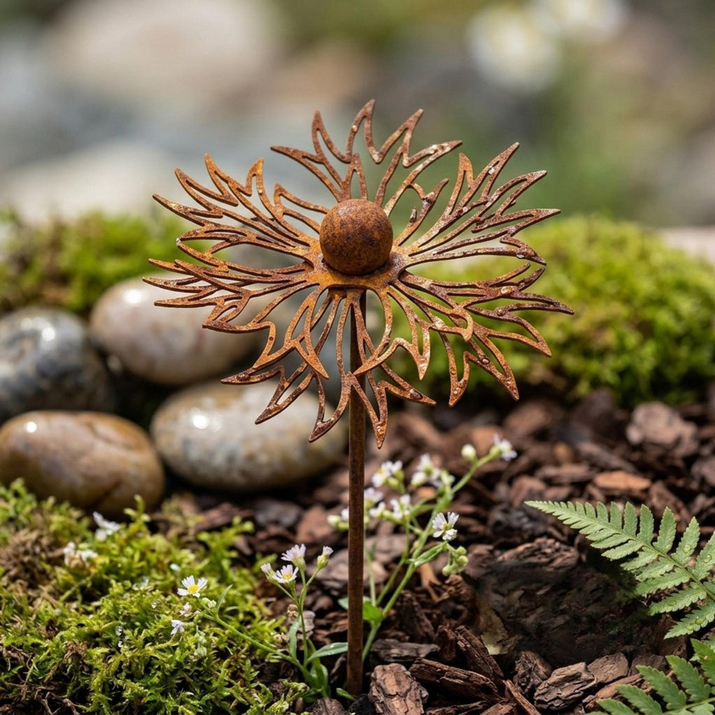 Single rustic metal flower garden stake beside stones and fern