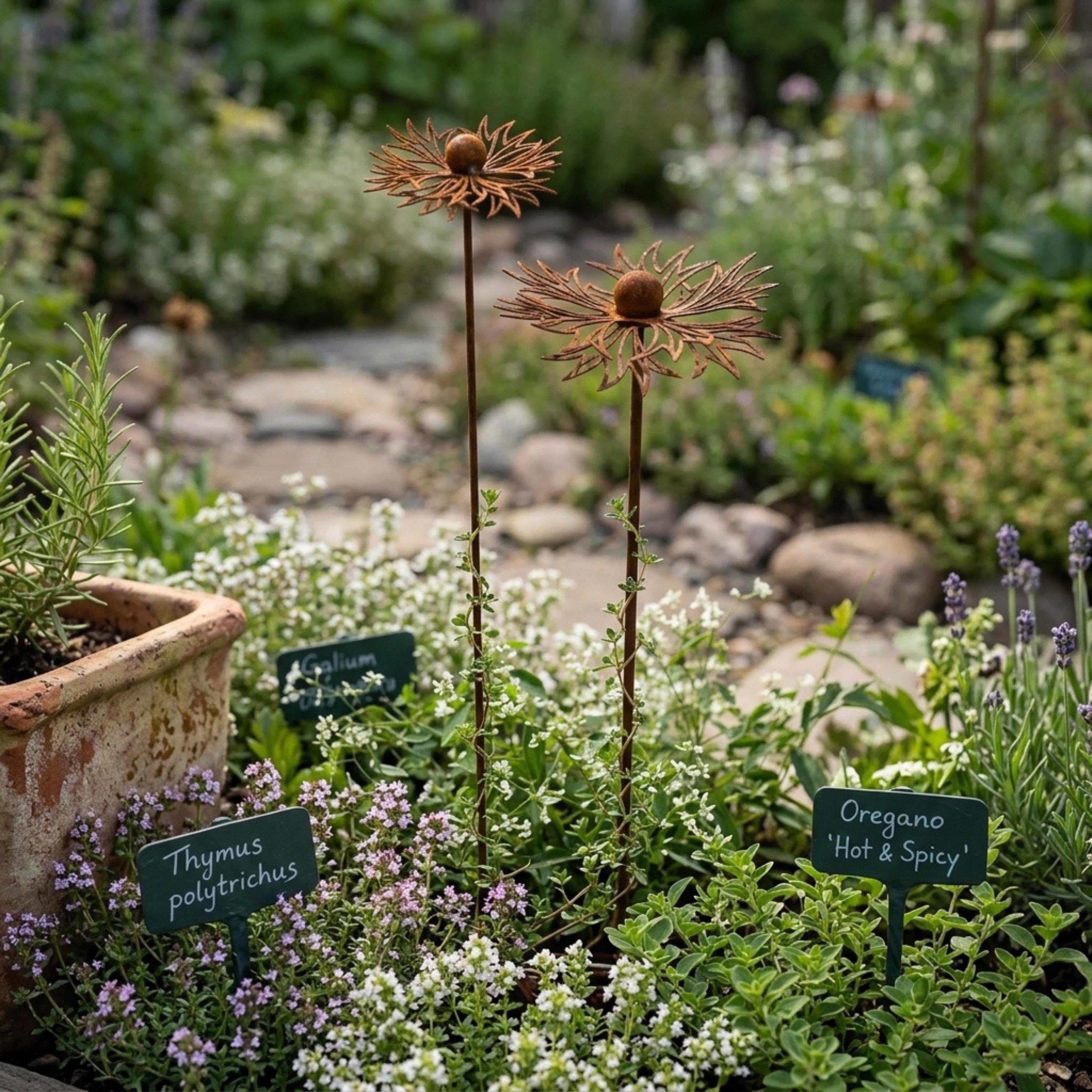 Rust-finish metal flower stakes displayed in an herb garden