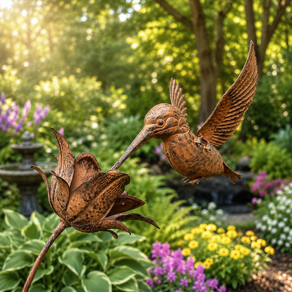 Rustic metal hummingbird hovering over a flower in a garden bed