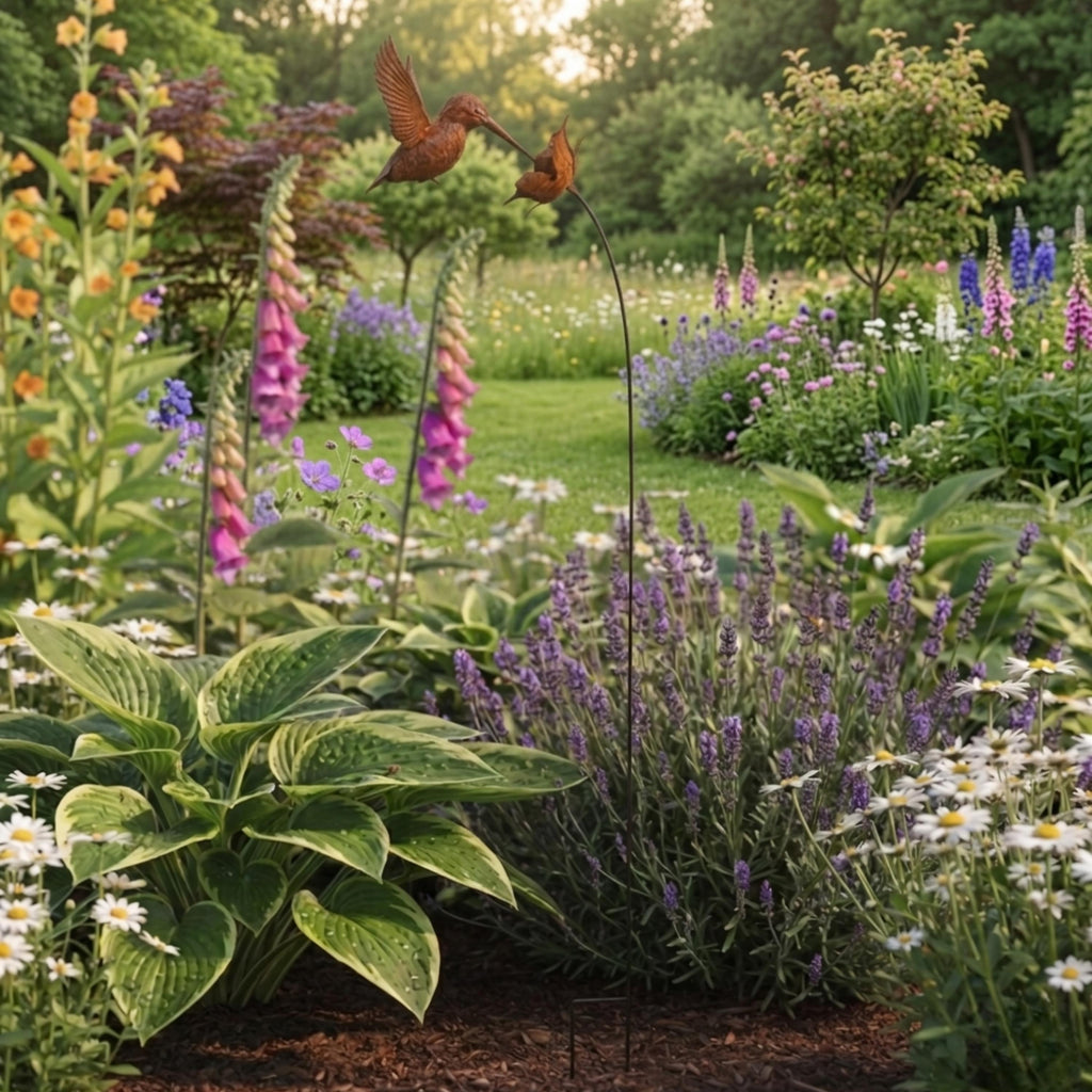 Rust-finish hummingbird stake among hostas and purple flowers