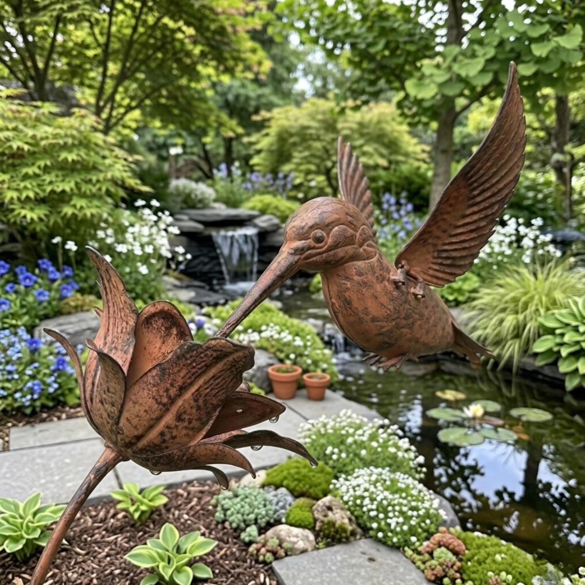 Metal hummingbird and flower stake beside a landscaped pond