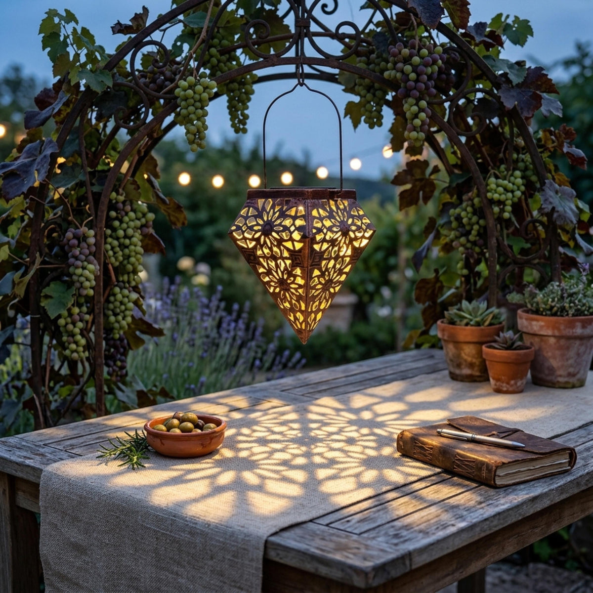 Hanging metal solar lantern projecting flower shadows on an outdoor table