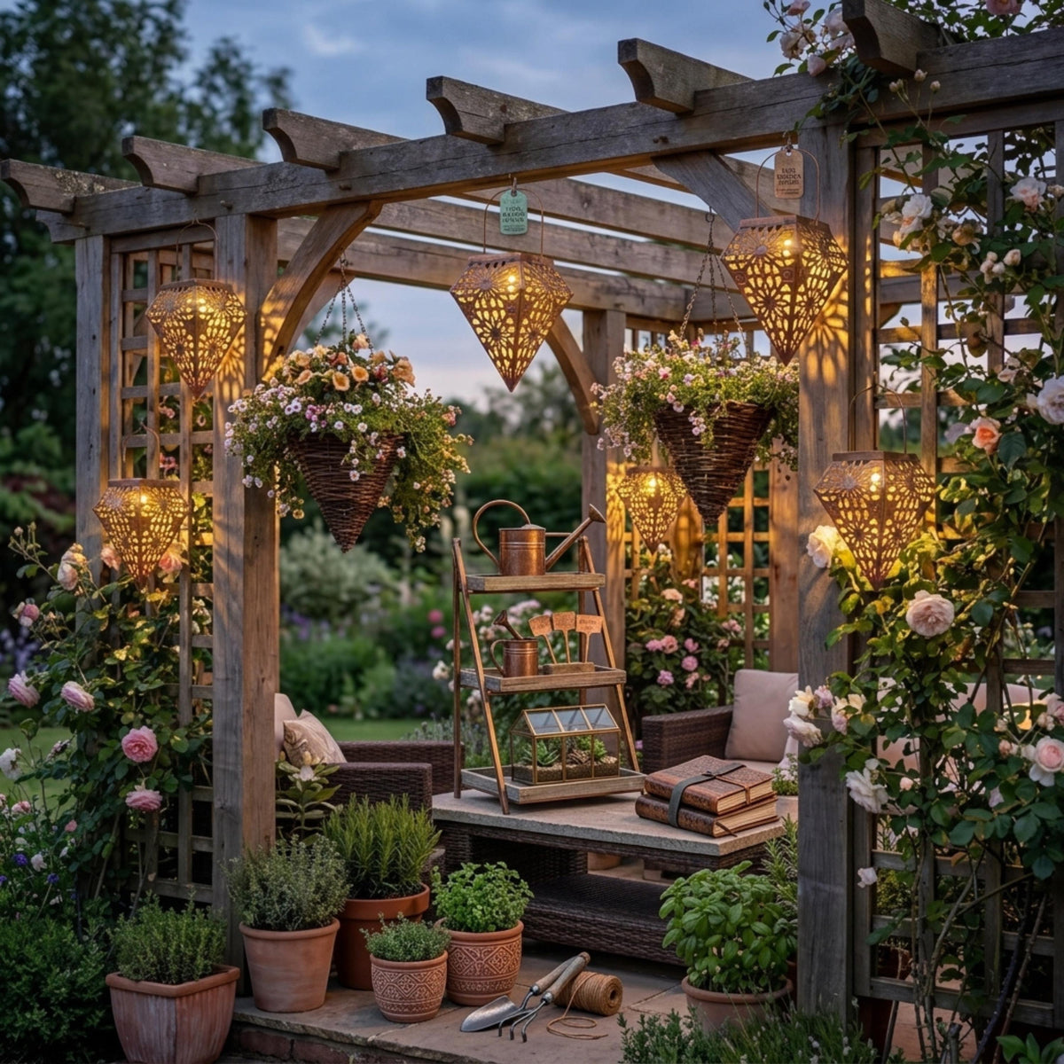 Multiple hanging solar lanterns decorating a wooden garden pergola
